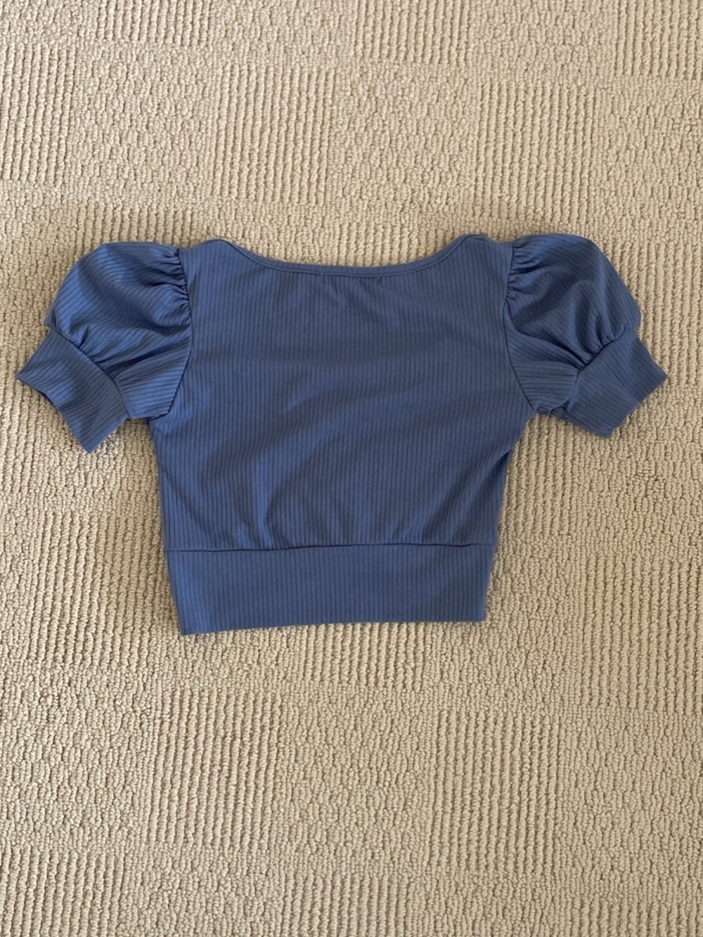 YesStyle Slate Blue Ribbed Puff-Sleeve Crop Top - Picture 2 of 2